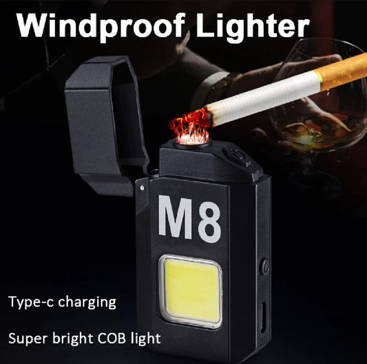 COB Led Flahlight With Lighters Dual Arc Pulse Flameless Lighter Type C Rechargeable Lighter Work Light Mini Light Men's Gift
