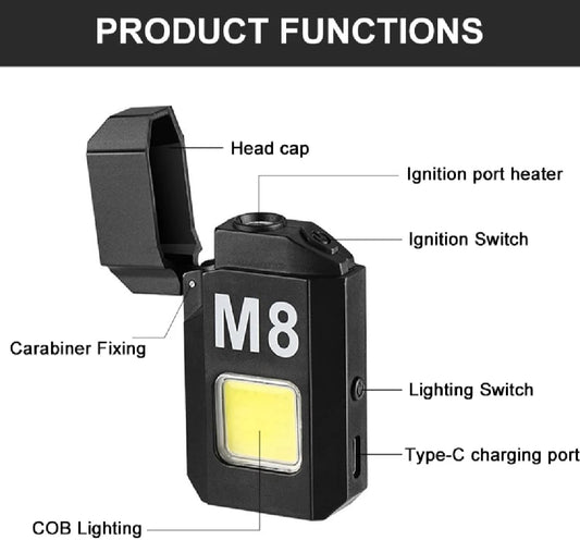 COB Led Flahlight With Lighters Dual Arc Pulse Flameless Lighter Type C Rechargeable Lighter Work Light Mini Light Men's Gift