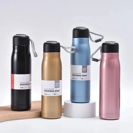 Stainless Steel Insulated Vacuum Water Bottle 550ml, Cola Shape, Leak Proof, with Strong Rope Cap | Hot &amp; Cold Portable Thermos Water Bottle Thermo Mug Stainless Steel Vacuum Flask Mug Insulation Cup (Random Color)